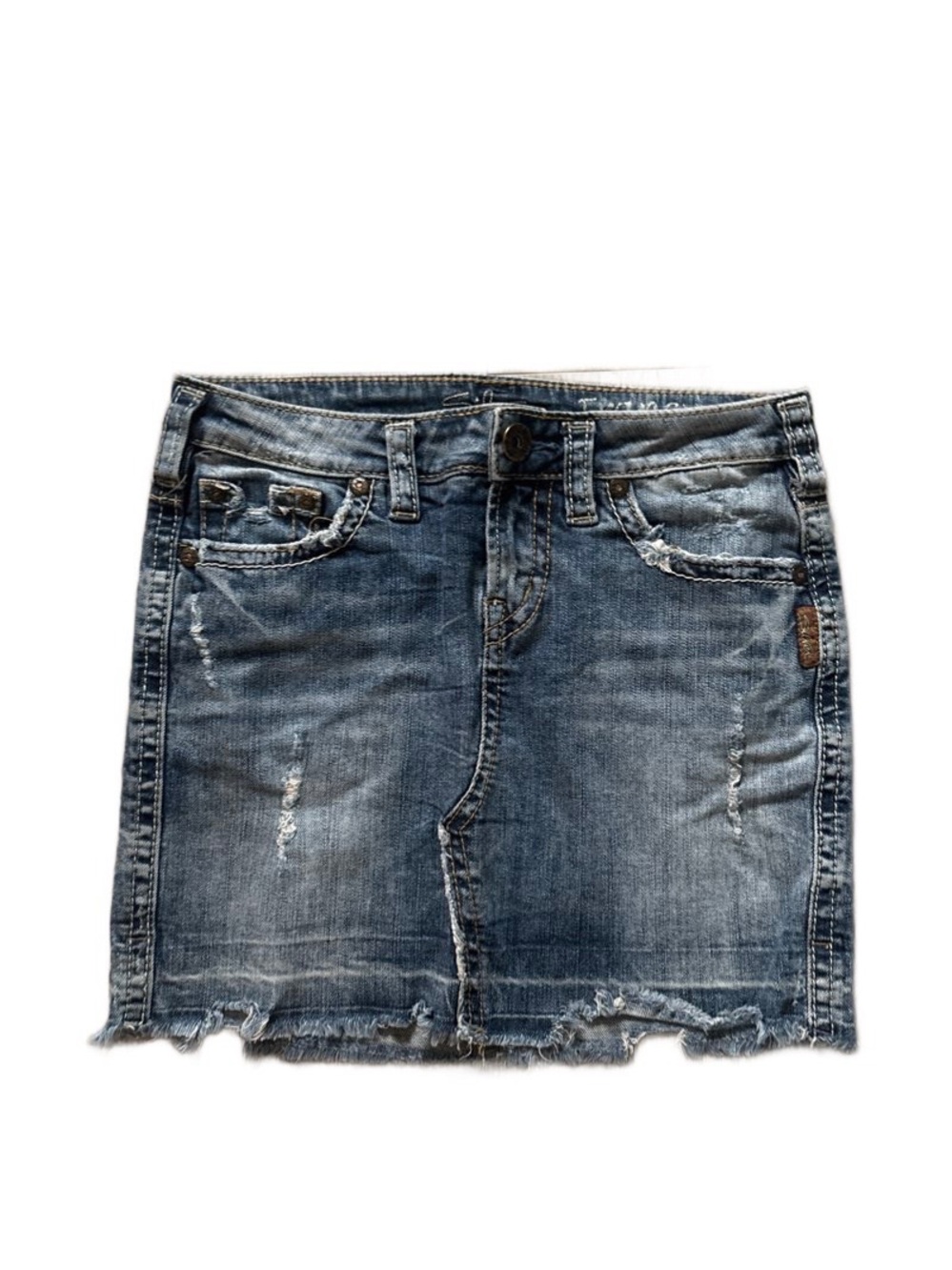 Silver Jeans Faded Blue Distressed Denim Mini Skirt